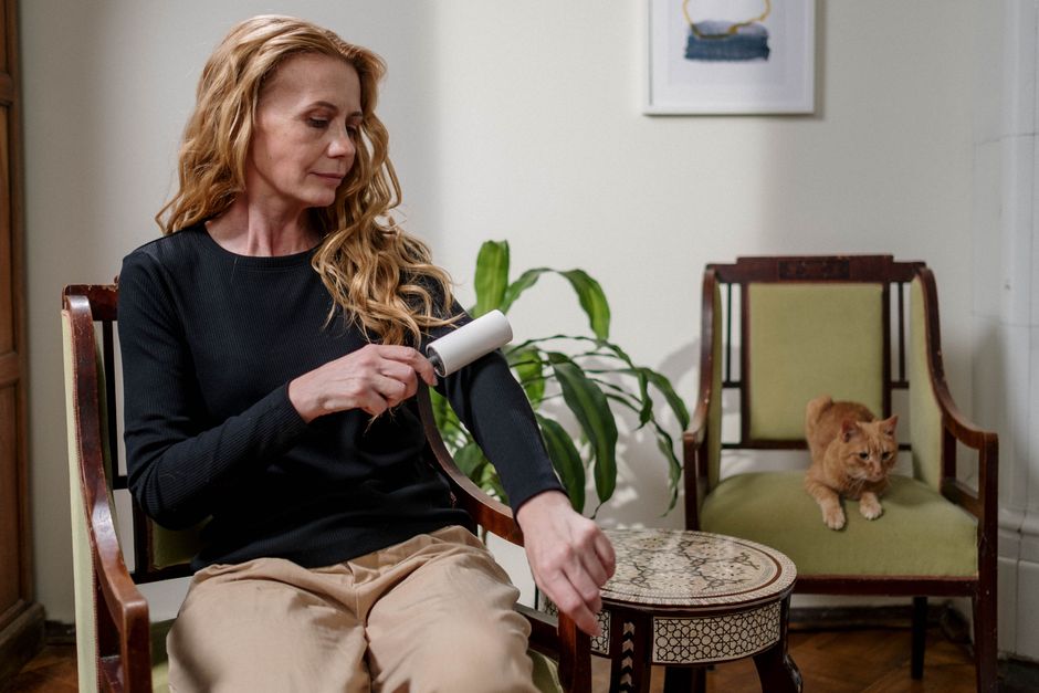 A woman with long, wavy blonde hair, wearing a black long-sleeve top and beige pants, is seated on a wooden armchair with a light green cushion in a well-lit living room. She is holding a white lint roller and applying it to the armrest of her chair. In the background, there is a second similar chair with a ginger cat resting on the seat, next to a small round table with mosaic tile detailing on its top. The room features a large green potted plant behind the woman, a framed artwork on the white wall, and hardwood flooring. The scene depicts a clean, tidy space with a focus on surface cleaning and interior maintenance, aligned with practical upholstery odour removal methods discussed by One-Off Cleaning.